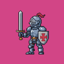 8-bit pixel art knight with a sword and shield