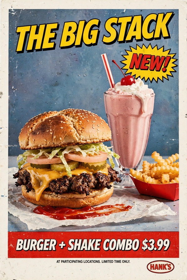 Retro burger poster with comic lettering and a scuffed finish