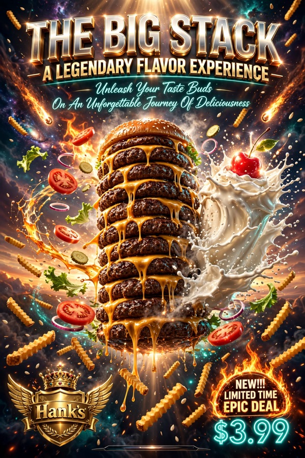Over the top AI style burger poster with flames, a galaxy and chrome lettering