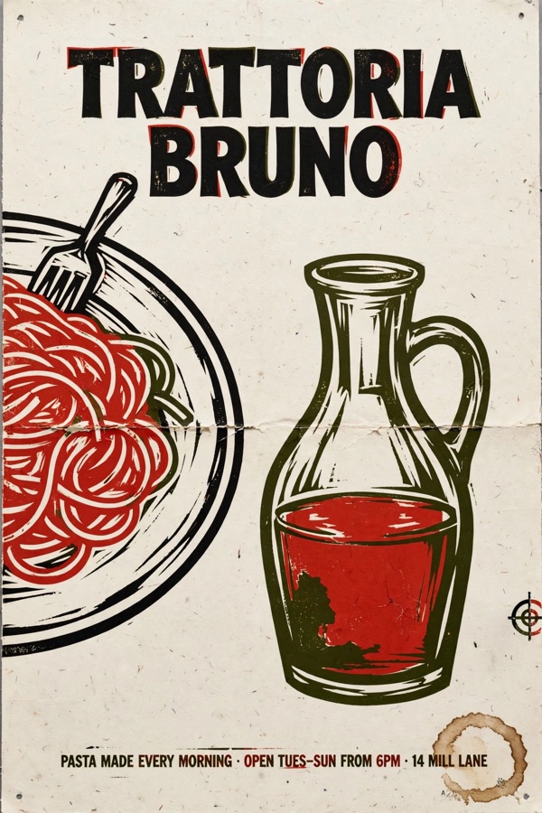 Screenprint style poster for Trattoria Bruno with a linocut plate of spaghetti and a wine carafe